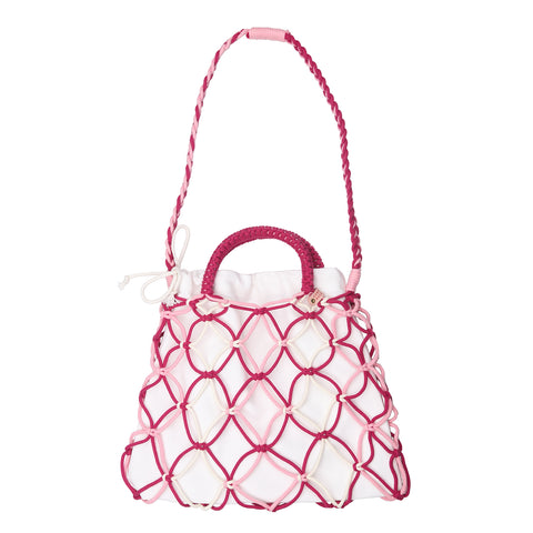 Pink macrame crossbody bag, Pink macrame bag for teens and students, Stylish pink macrame bag for travel, Unisex handmade macrame shoulder bag, Summer handbags 2025, Sustainable fashion accessories
