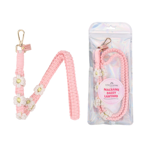 pink lanyard, handmade pink daisy macrame lanyard, boho macrame lanyard for women, floral macrame lanyard for summer	