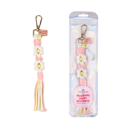 Pink Daisy Macrame Keychain wholesale, pink floral keychain bulk pricing, boutique keychains wholesale, floral themes party favors wholesale, supplier of bulk pink flower macrame keychains