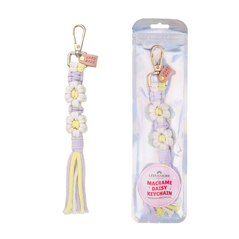 macrame daisy keychain wholesale, flower macrame keychain bulk, handmade purple macrame keychains for boutiques, unique macrame keychains for gift shops, birthday party favor ideas


