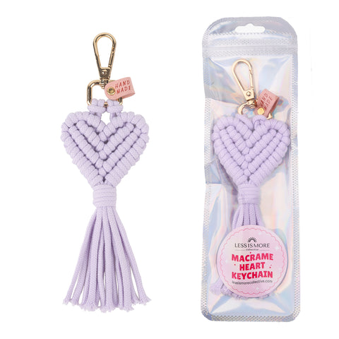 Purple Heart Macrame Keychain wholesale, bulk handmade macrame keychains with heart design, heart macrame keychain wholesale, gift shop keychains, wholesale accessories



